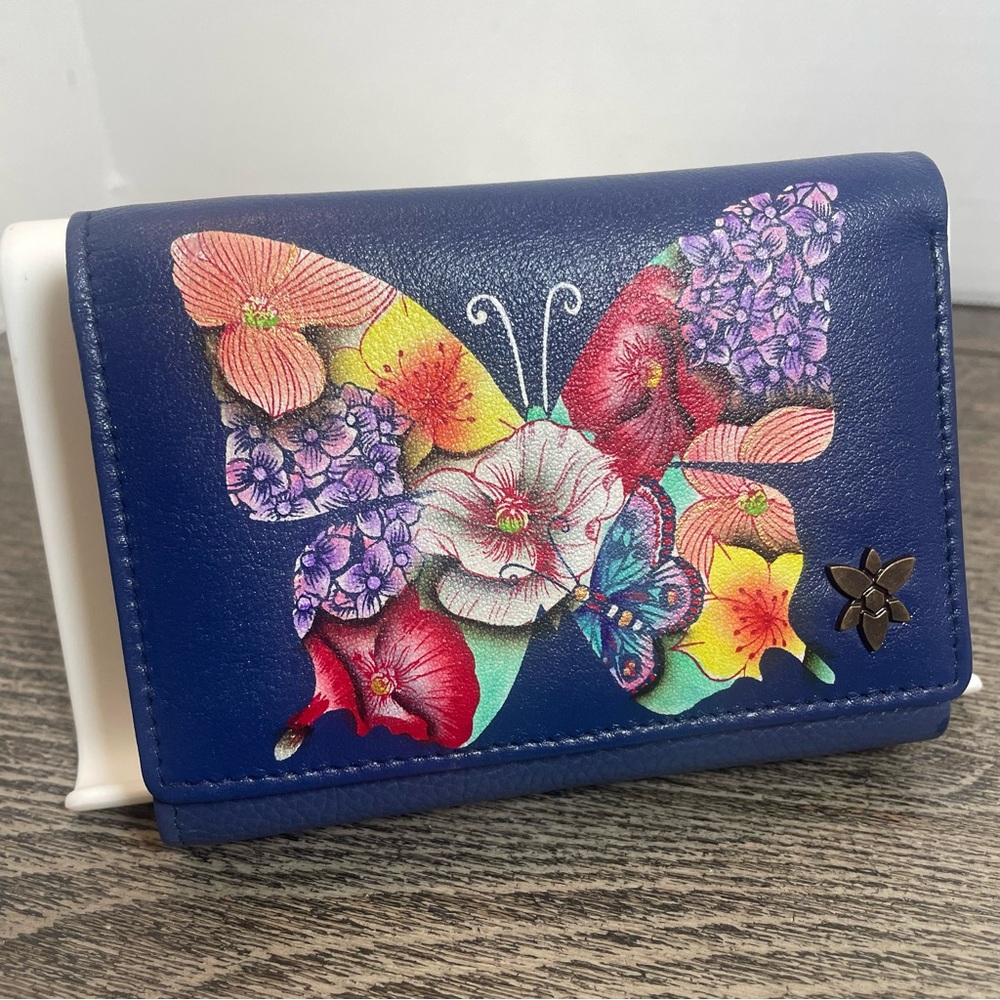 Anuschka Navy Blue Floral Butterfly Leather Card Holder Wallet with Kisslock